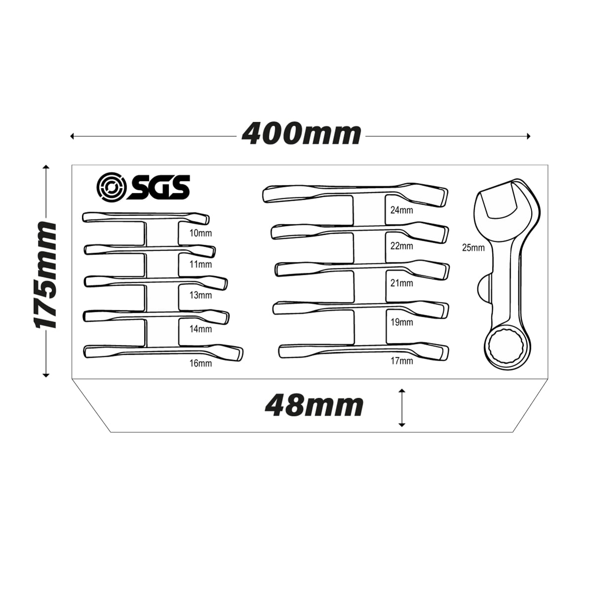 SGS 11pc Stubby SAE Combination Spanner Set | 10mm-25mm | Foam Insert